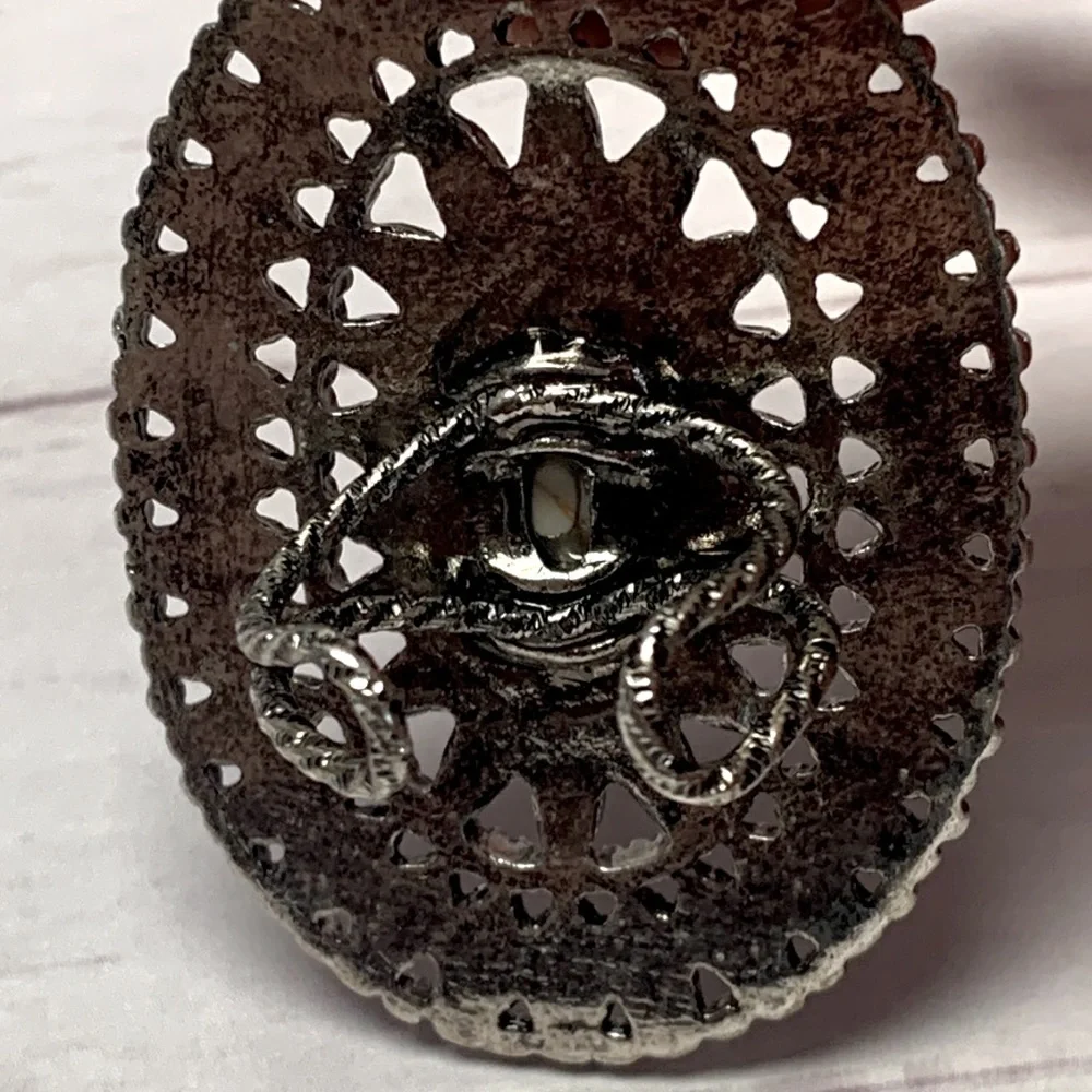 Western Style Needlepoint Concho Cluster Ring with Natural Oval Stone Adjustable - Picture 3 of 4